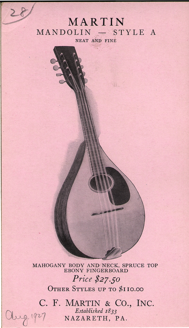 Advertising card depicting Style A mandolin, 1927 | Lehigh Preserve