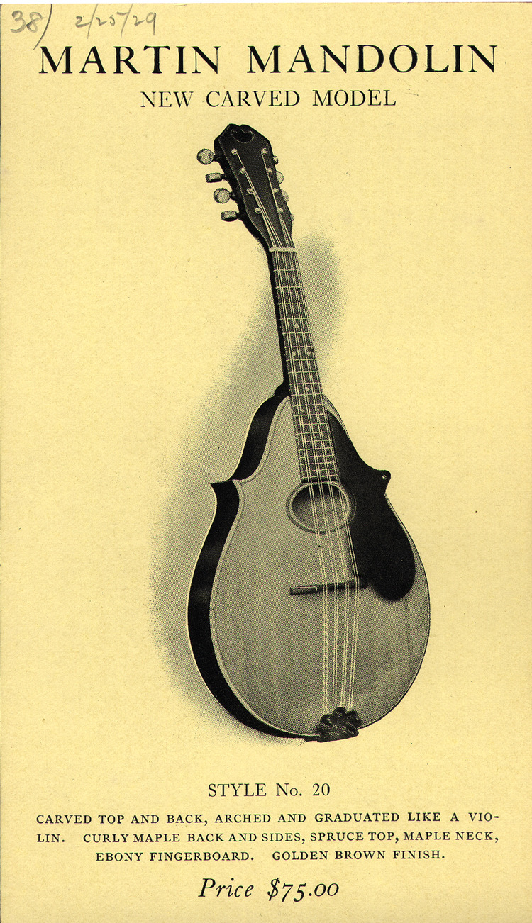 Advertising card depicting Style 20 mandolin, 1929 | Lehigh Preserve