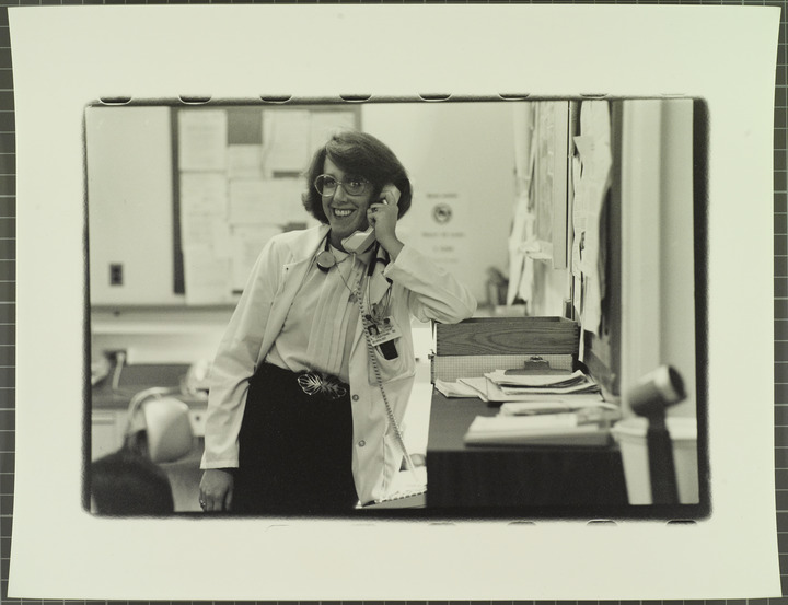 Portrait of Beatrice Engstrand, Class of 1982, on phone Lehigh Preserve