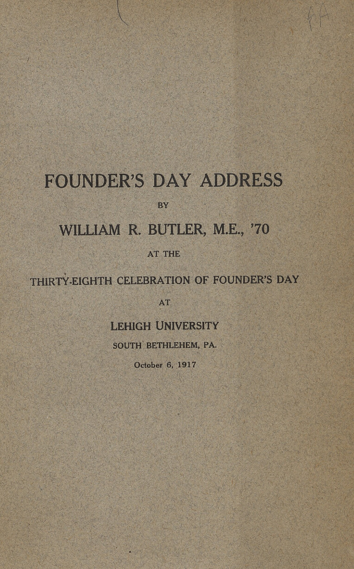 Founder's Day address by William R. Butler ... at the thirty-eighth ...
